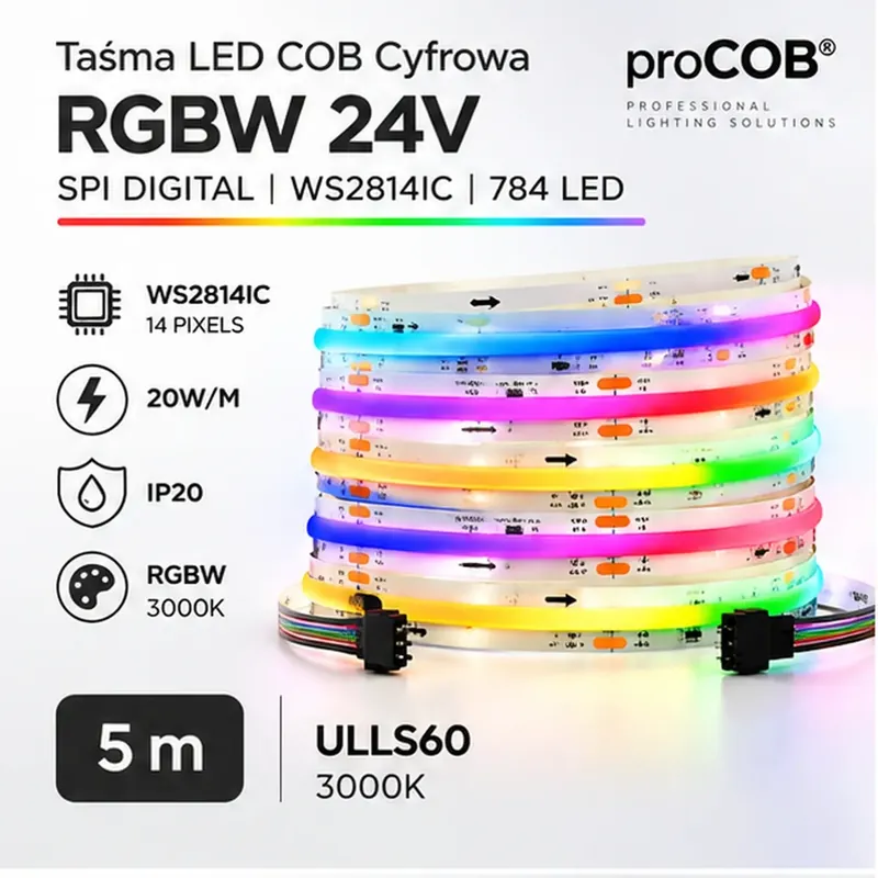 Jakość premium - Taśma LED Cyfrowa RGBW 24V / COB / 20W / 784LED / IP20 /SPI DIGITAL proCOB® IC / WS2814IC 14 PIXELS / 5m / 10mm ULLS60 proCOB®