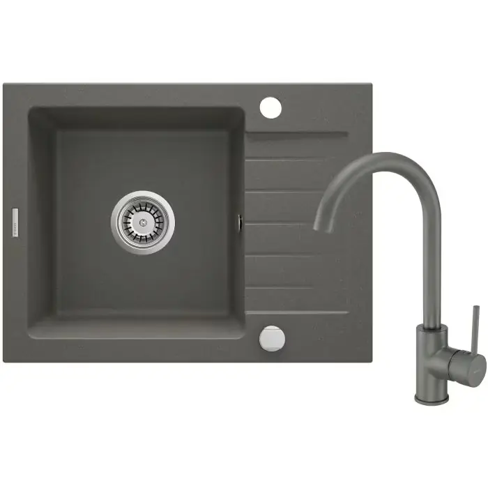 Bezpośrednio z fabryki - Zlew zorba antracyt granit 1k z/ko 580x440x164, 3,5" + osprzęt space-saver + bateria nemezja z wylewką "u" ZQZAT11A