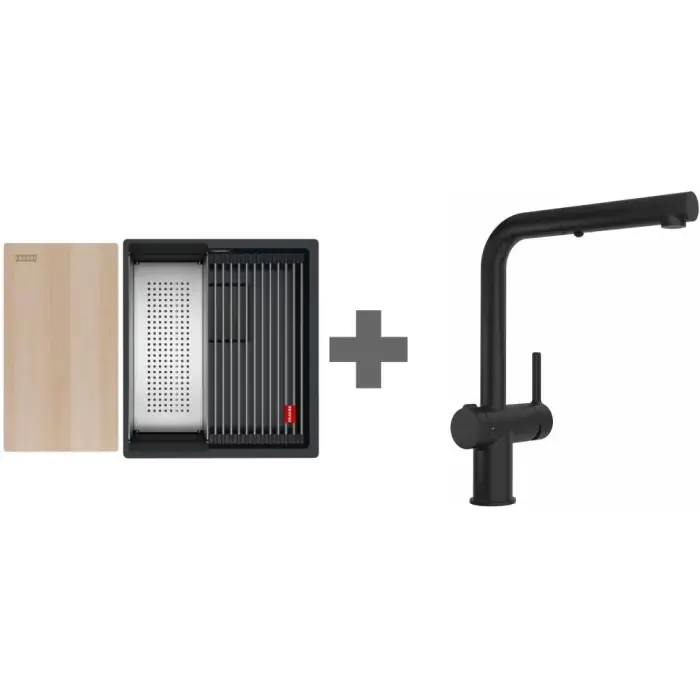 Dobra cena | Zestaw ze zlewozmywakiem kanon kng pro 110-37 + bateria active twist czarny mat / czarny odpływ 125.0749.685