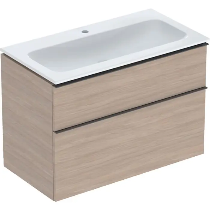 Jakość premium | Zestaw umywalki meblowej icon slim rim, z szafką pod umywalkę, z dwoma szufladami i zestawem odpływowo-przelewowym do umywalki b=90cm, umywalka biały /keratect, korpus i front dąb / melaminowa struktura drewna, uchwyt lava / malowany proszkowo, m... 502.333.JH.1