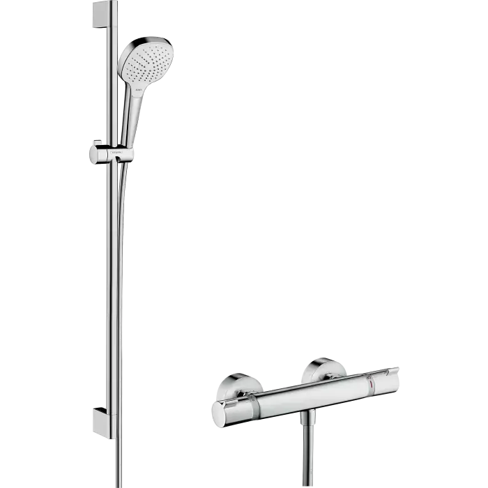 Nowość w ofercie | Croma select e system prysznicowy vario z drążkiem 90 cm i termostatyczną baterią prysznicową ecostat comfort, natynkowy biały/chrom 27082400