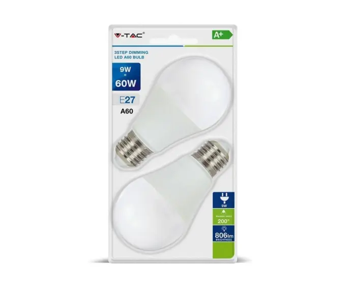 Żarówka LED V-TAC 9W E27 A60 3xKlik Ściemnialna VT-2129 ciepła 806lm 2szt | Kupuj bezpiecznie